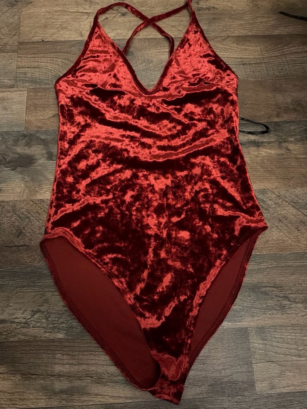 Forever 21 Red Crushed Velvet V-Neck Bodysuit
